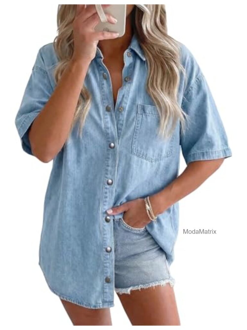 Women's Oversized Short Sleeve Denim Shirt Button Down